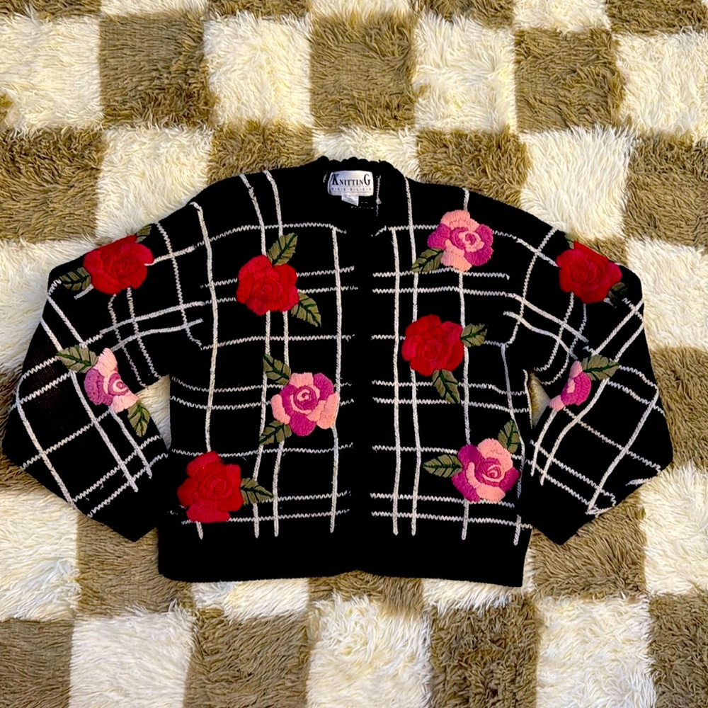 Cottage Core Black and White Embroidered Rose Sweater Cardigan